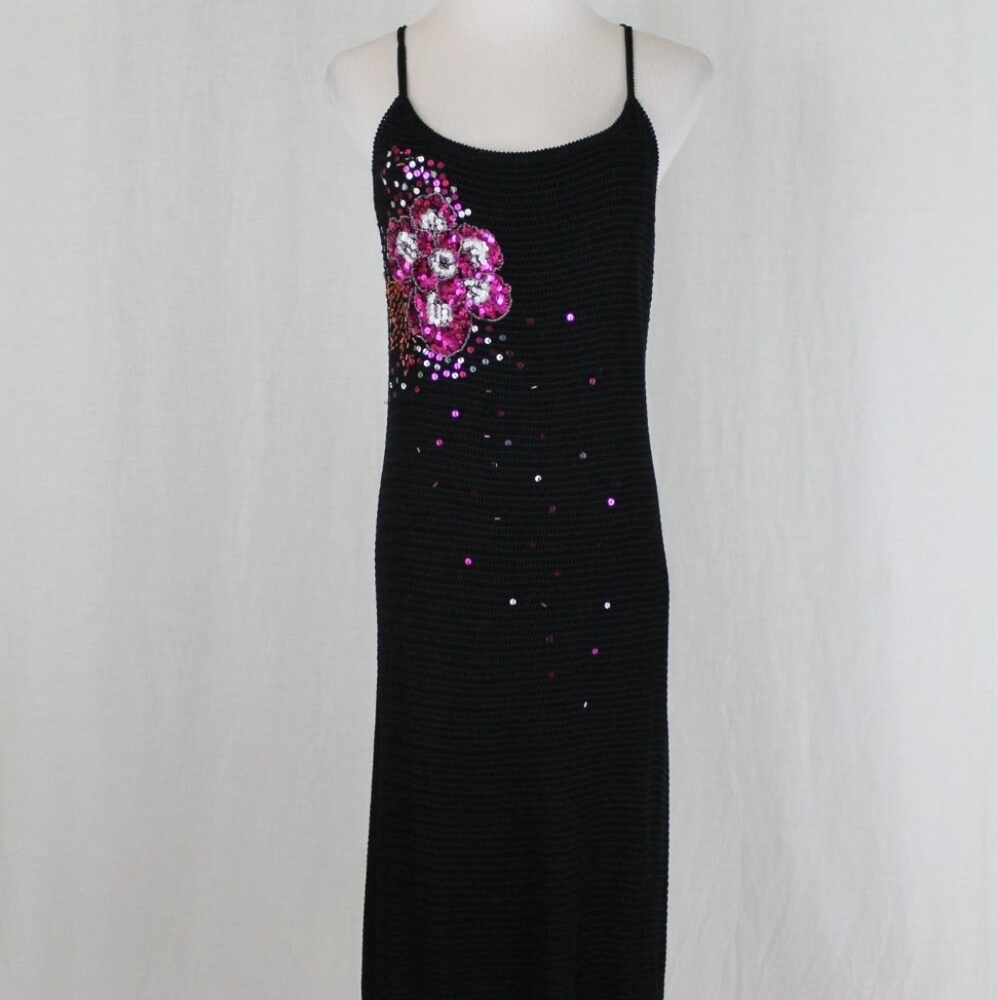 Adrianna Papell Lillie Rubin Sequined Crocheted Cross Back Dress Y2k 90s